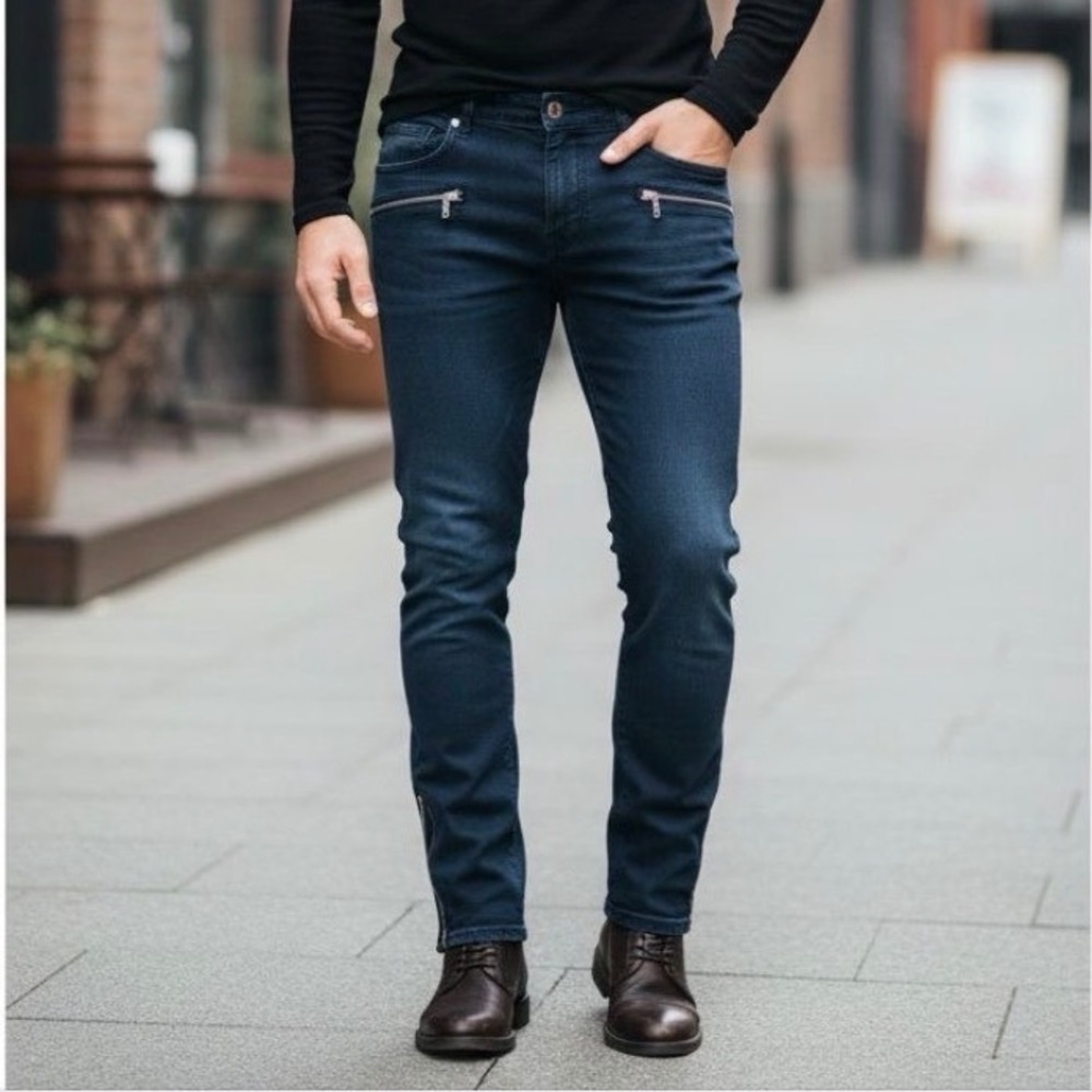 Henry William New York Mens Dark Wash Zipper Pocket Slim Fit Jeans W38 L32